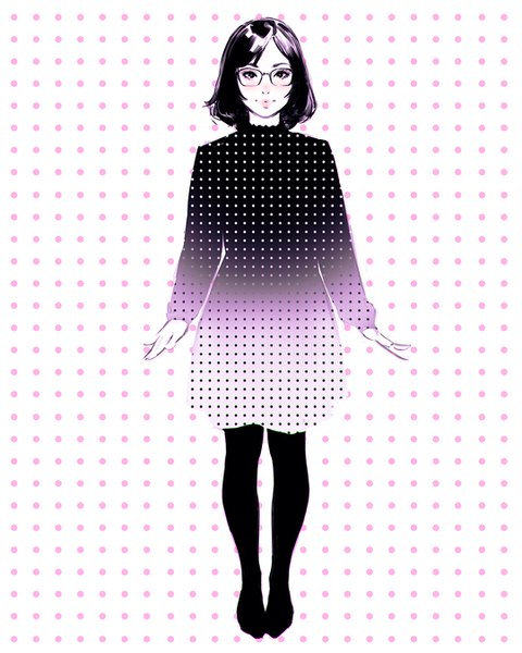 Anime picture 1080x1350 with original ilya kuvshinov single tall image looking at viewer fringe short hair black hair standing full body polka dot polka dot background girl dress pantyhose glasses