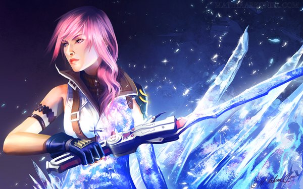Anime picture 1680x1050 with final fantasy final fantasy xiii square enix lightning farron mathia (artist) single long hair blue eyes wide image signed pink hair realistic girl gloves weapon sword ice