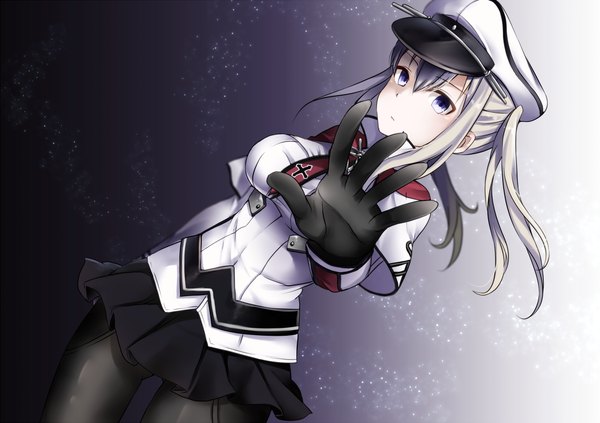 Anime picture 1227x867 with kantai collection graf zeppelin (kantai collection) mashiro aa single long hair looking at viewer blue eyes blonde hair girl skirt gloves miniskirt pantyhose black gloves peaked cap