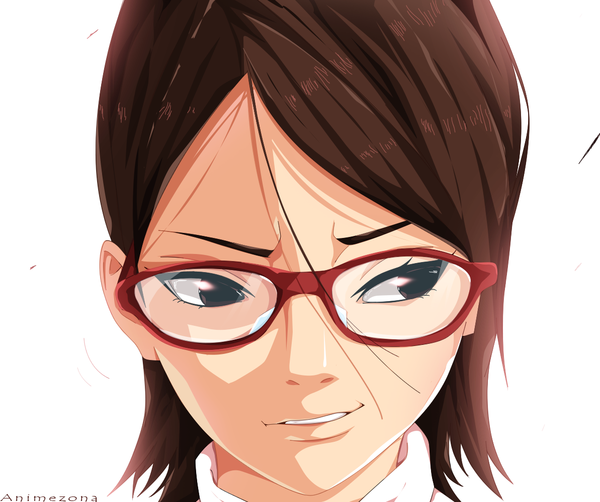 Anime picture 1193x1000 with naruto studio pierrot naruto (series) uchiha sarada animezona single short hair open mouth simple background brown hair white background brown eyes looking away coloring portrait face girl glasses