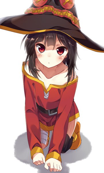 Anime picture 520x860 with kono subarashii sekai ni shukufuku wo! studio deen megumin seki (l0410706268) single tall image looking at viewer blush fringe short hair black hair red eyes white background bare shoulders parted lips :o on all fours witch girl thighhighs