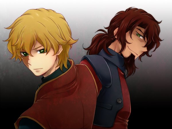 Anime picture 1200x900 with mobile suit gundam mobile suit gundam 00 sunrise (studio) graham aker ali al-saachez mister bushido sagami (artist) long hair short hair simple background blonde hair brown hair green eyes tail light smile grey background scar dual persona boy uniform