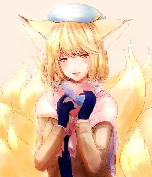 Anime picture 1200x1400 with touhou yakumo ran dearmybrothers single tall image blush fringe short hair breasts open mouth blonde hair simple background animal ears looking away tail braid (braids) animal tail alternate costume fox ears fox tail