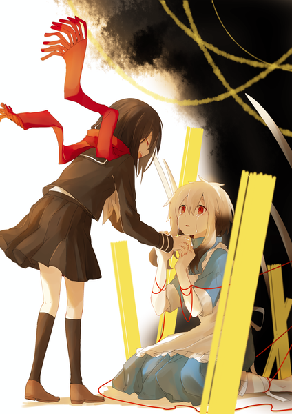 Anime picture 1028x1456 with kagerou project shaft (studio) tateyama ayano mary (kagerou project) aaniko long hair tall image fringe open mouth black hair simple background blonde hair hair between eyes red eyes sitting multiple girls payot ahoge eyes closed long sleeves