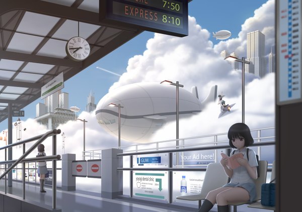 Anime picture 1420x1000 with original siraha long hair short hair black hair sitting twintails multiple girls brown eyes cloud (clouds) city flying reading girl skirt miniskirt shirt book (books) black socks building (buildings)