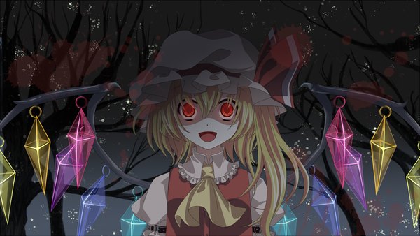 Anime picture 1420x800 with touhou flandre scarlet toki (artist) single short hair open mouth blonde hair red eyes wide image girl plant (plants) wings tree (trees) crystal