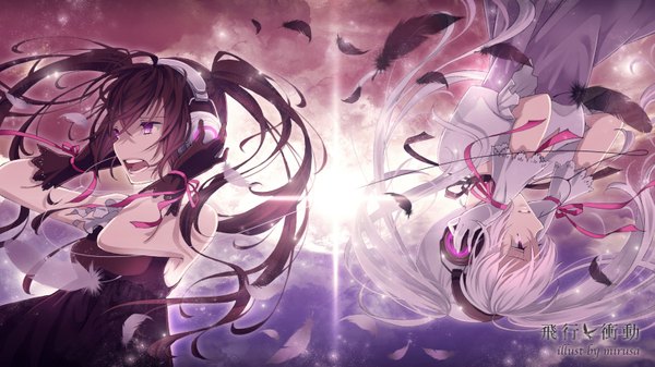 Anime picture 1600x900 with vocaloid hatsune miku mirusa long hair black hair wide image purple eyes multiple girls white hair girl dress 2 girls headphones feather (feathers)