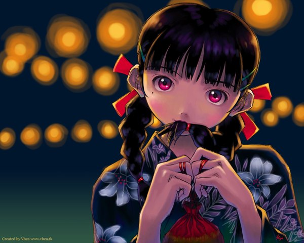 Anime picture 1280x1024 with original kobayashi yuji single long hair looking at viewer fringe black hair upper body blunt bangs braid (braids) traditional clothes japanese clothes pink eyes mole mole under eye twin braids floral print hair over shoulder backlighting cropped