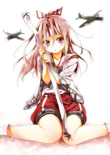 Anime picture 708x1000 with kantai collection zuihou light aircraft carrier yuki po ne single long hair tall image blush simple background brown hair white background sitting pink eyes :o wariza girl weapon clothes bow (weapon)