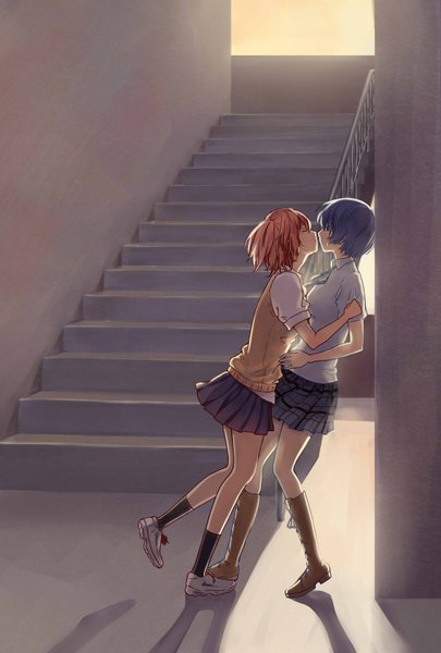 Anime picture 1181x1748 with akuma no riddle azuma tokaku ichinose haru tall image fringe short hair breasts standing multiple girls blue hair full body red hair eyes closed pleated skirt shadow shoujo ai face to face almost kiss girl skirt