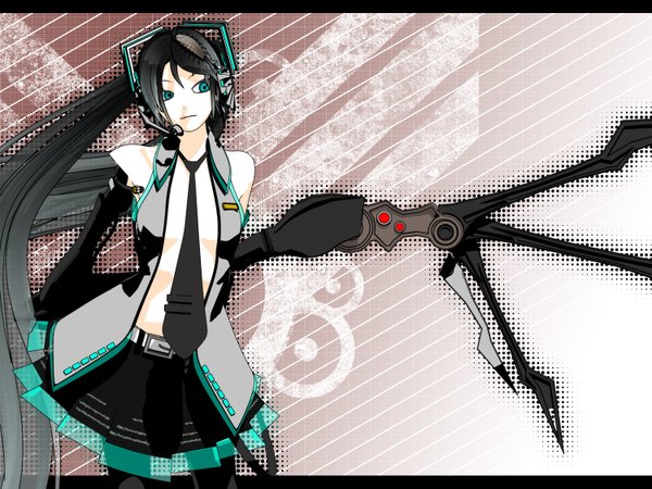 Anime picture 1500x1125 with vocaloid bacterial contamination (vocaloid) hatsune miku calcium single blue eyes black hair twintails looking away very long hair open clothes mechanical mechanical parts girl thighhighs skirt black thighhighs necktie belt headphones