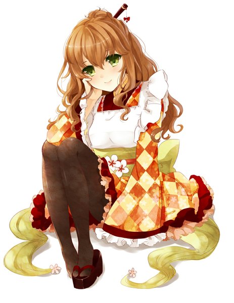 Anime picture 900x1166 with original puracotte single long hair tall image looking at viewer simple background smile brown hair white background green eyes traditional clothes girl dress hair ornament pantyhose