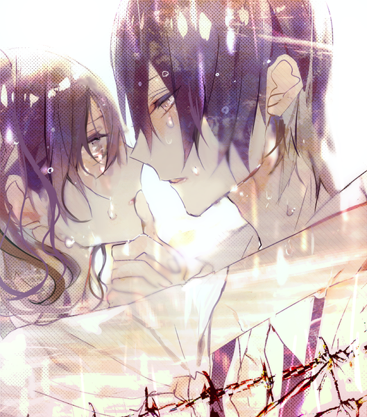 Anime picture 900x1021 with original poni (rito) tall image fringe short hair hair between eyes brown eyes purple hair profile wet couple tears face to face eye contact almost kiss hand on another's face girl boy