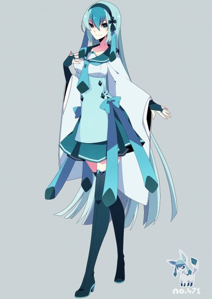Anime picture 1062x1500 with pokemon nintendo glaceon merlusa single tall image looking at viewer fringe breasts blue eyes simple background smile very long hair multicolored hair aqua hair two-tone hair zettai ryouiki walking personification gen 4 pokemon