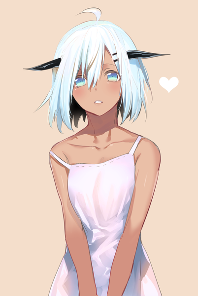 Anime picture 600x894 with original erubo single tall image looking at viewer blush fringe short hair open mouth blue eyes simple background green eyes blue hair upper body ahoge white hair multicolored hair horn (horns) sleeveless dark skin
