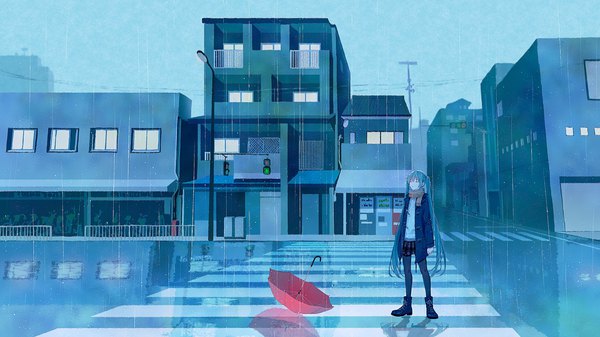 イラスト 2736x1539 と ボーカロイド 初音ミク 雨陌 ソロ highres wide image 立つ ツインテール 全身 アホ毛 outdoors eyes closed very long hair aqua hair city reflection rain crosswalk 女の子 スカート