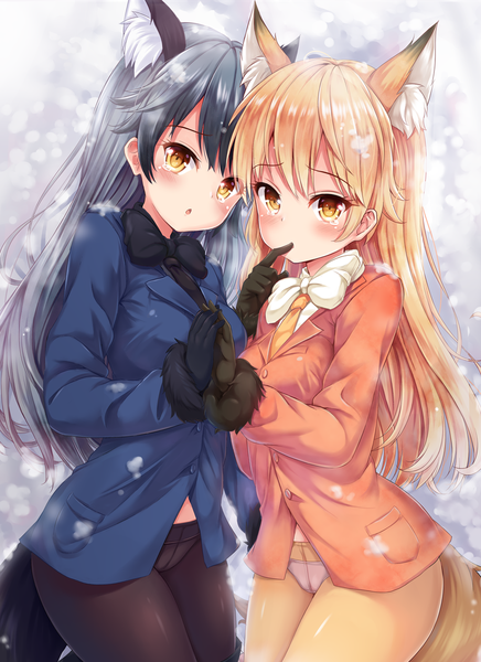 Anime picture 923x1268 with kemono friends ezo red fox (kemono friends) silver fox (kemono friends) shimokirin long hair tall image looking at viewer blush fringe breasts light erotic blonde hair hair between eyes standing multiple girls animal ears yellow eyes tail parted lips head tilt