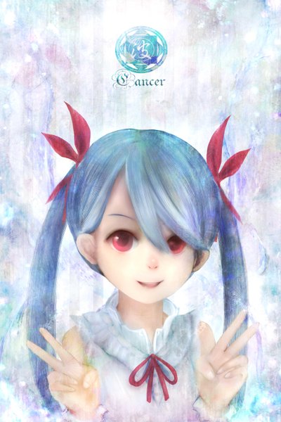 Anime picture 2000x3000 with original zhang xiao bo single long hair tall image looking at viewer highres open mouth smile red eyes twintails blue hair zodiac cancer (zodiac) girl dress bow hair bow