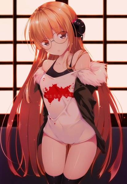 Anime picture 1100x1600 with persona 5 persona sakura futaba shokuyou mogura single tall image looking at viewer light erotic brown hair bare shoulders brown eyes very long hair girl thighhighs black thighhighs glasses jacket headphones