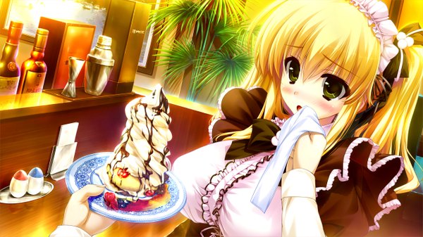 Anime picture 2560x1440 with prism recollection uisaki hinano shintarou long hair blush highres breasts open mouth blonde hair wide image large breasts twintails green eyes game cg maid girl dress hair ornament ribbon (ribbons) hair ribbon