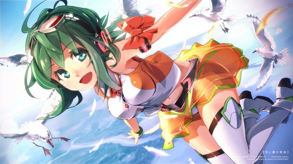Anime picture 2000x1122 with vocaloid gumi pmpmpm single highres short hair open mouth wide image bare shoulders green eyes goggles on head girl thighhighs animal white thighhighs bird (birds) feather (feathers) goggles