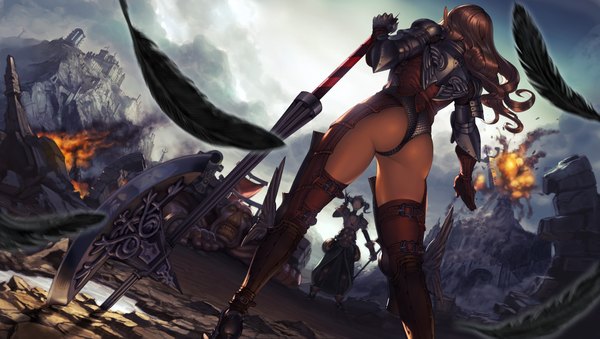 Anime picture 3800x2151 with fantasy earth zero original kanda (ura-kanda) long hair highres light erotic brown hair wide image absurdres ass pointy ears from behind smoke elf battle field explosion girl weapon armor