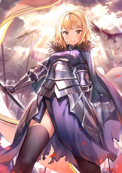 Anime picture 2480x3508 with fate (series) fate/apocrypha jeanne d'arc (fate) (all) jeanne d'arc (fate) dr poapo single tall image looking at viewer fringe highres short hair breasts blonde hair smile standing holding signed yellow eyes sky cloud (clouds)
