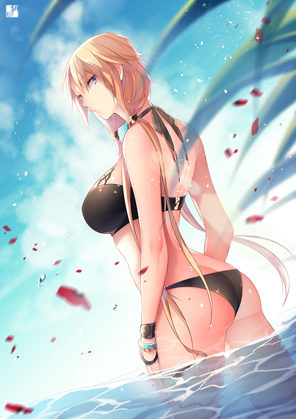 Anime picture 744x1052 with world trigger toei animation izumi kouhei pepper fever single long hair tall image fringe breasts light erotic blonde hair large breasts standing twintails brown eyes looking away sky cloud (clouds) ass outdoors