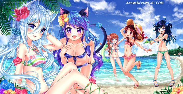Anime picture 1000x517 with original miyuki (natsumii chan) ayana (natsumii chan) izanami (natsumii chan) suzume (natsumii chan) chiyo (natsumii chan) nami (nyaa) long hair looking at viewer blush fringe breasts open mouth light erotic smile wide image multiple girls animal ears blue hair sky