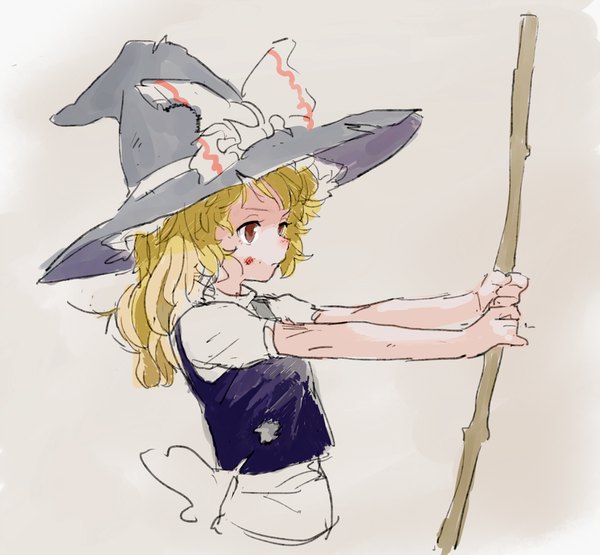 Anime picture 1024x948 with touhou kirisame marisa motsuni (artist) single long hair simple background blonde hair brown eyes grey background outstretched arm blood on face girl bow hat blood witch hat large bow broom scratch