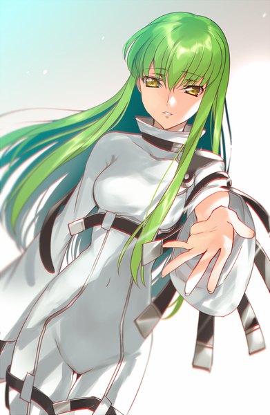 Anime picture 600x920 with code geass sunrise (studio) c.c. creayus single long hair tall image looking at viewer fringe hair between eyes standing yellow eyes long sleeves parted lips green hair light smile blurry wide sleeves teeth thigh gap