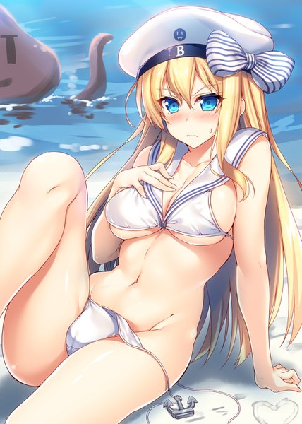 Anime picture 1044x1464 with kantai collection bismarck battleship z3 destroyer (max schultz) raiou long hair tall image looking at viewer blush fringe breasts blue eyes light erotic blonde hair hair between eyes large breasts sitting cleavage arm support sweat beach