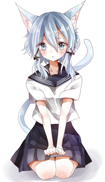 Anime picture 610x1056 with sword art online a-1 pictures asada shino chima (fusigiko) single long hair tall image blush fringe blue eyes simple background hair between eyes white background sitting animal ears payot blue hair looking away tail animal tail