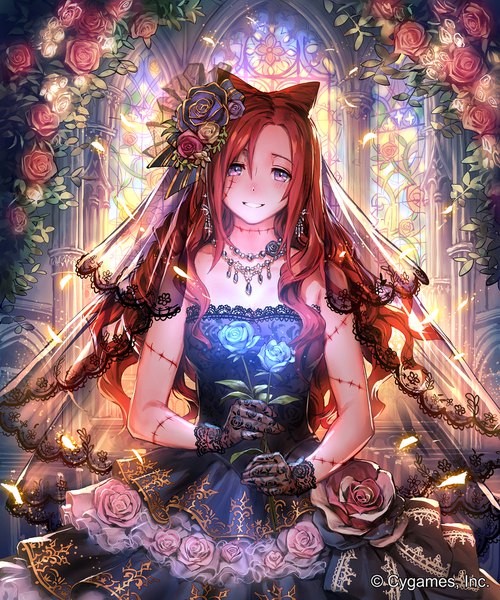 Anime picture 1500x1800 with shingeki no bahamut ceres (shingeki no bahamut) okada manabi single long hair tall image looking at viewer fringe smile hair between eyes standing purple eyes holding upper body red hair parted lips hair flower official art sparkle hair bun (hair buns)