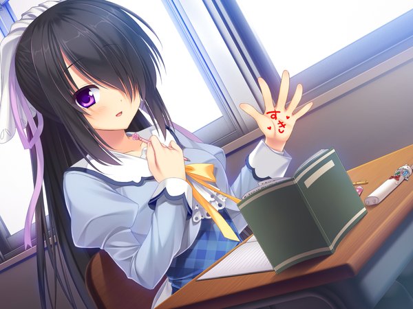 Anime picture 1680x1260 with sakura no reply hazuki mikuri long hair blush fringe black hair purple eyes game cg hair over one eye girl uniform ribbon (ribbons) hair ribbon school uniform notebook