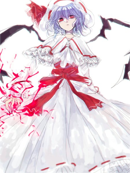 Anime picture 750x1000 with touhou curiosities of lotus asia remilia scarlet tian (my dear) single tall image looking at viewer short hair simple background red eyes white background purple hair from below magic glowing asymmetrical wings girl dress wings bonnet