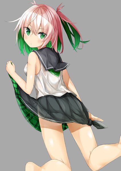 Anime picture 800x1131 with original kavka single tall image looking at viewer fringe short hair light erotic simple background green eyes signed pink hair head tilt pleated skirt looking back multicolored hair barefoot green hair from behind grey background
