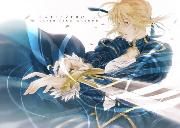 Anime picture 1323x945 with fate (series) fate/zero type-moon artoria pendragon (all) saber kena single fringe short hair breasts blonde hair simple background white background holding green eyes braid (braids) inscription girl dress ribbon (ribbons)