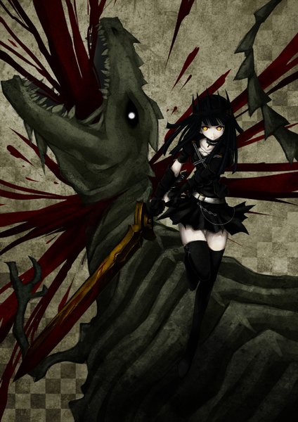 Anime picture 1000x1415 with black rock shooter dragon slayer qrullgx13 (artist) single long hair tall image black hair yellow eyes serious checkered running checkered background girl thighhighs skirt gloves weapon sword choker belt