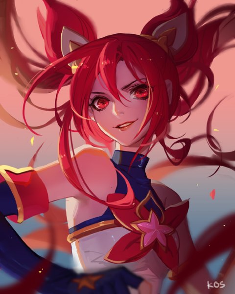 Anime picture 700x876 with league of legends jinx (league of legends) star guardian jinx songjikyo single tall image looking at viewer fringe simple background smile hair between eyes red eyes twintails bare shoulders upper body red hair very long hair parted lips gradient background floating hair