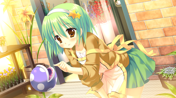 Anime picture 1024x576 with nekonade distortion nanakase shikiko blush short hair wide image game cg green hair orange eyes loli girl hairband apron