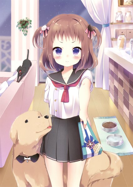 Anime picture 2485x3500 with original kuune rin single tall image looking at viewer blush highres short hair brown hair purple eyes scan official art two side up girl skirt uniform hair ornament miniskirt animal serafuku