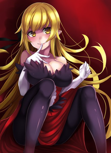 Anime picture 1600x2200 with bakemonogatari shaft (studio) monogatari (series) oshino shinobu kissshot acerolaorion heartunderblade syow (syoutamho) single long hair tall image blush fringe breasts light erotic simple background blonde hair large breasts sitting bare shoulders yellow eyes looking away