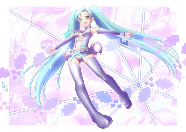 Anime picture 1450x1025 with vocaloid vocaloid append hatsune miku (append) long hair twintails green eyes green hair spread arms jumping girl thighhighs necktie