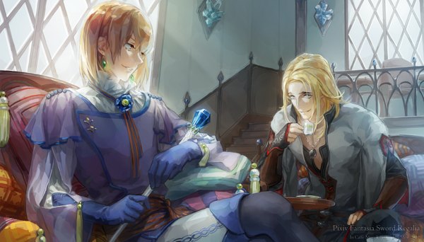 Anime picture 1600x914 with original pixiv fantasia pixiv fantasia sword regalia jane mere short hair blonde hair smile brown hair wide image sitting brown eyes inscription grey eyes boy gloves earrings window pendant couch staff