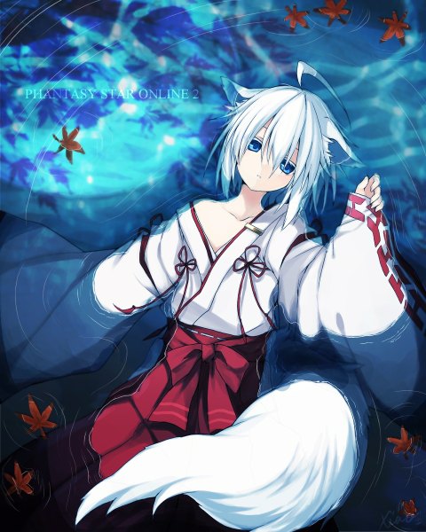 Anime picture 960x1200 with phantasy star phantasy star online 2 sega xiao (pixiv4032523) single tall image looking at viewer short hair blue eyes animal ears white hair tail lying long sleeves traditional clothes japanese clothes animal tail wide sleeves miko wolf ears