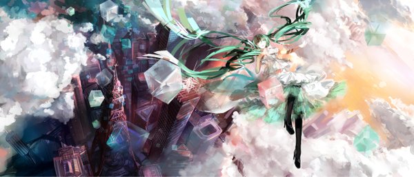 Anime picture 2449x1050 with vocaloid hatsune miku h2so4kancel single fringe highres wide image twintails cloud (clouds) aqua eyes aqua hair city falling girl dress boots building (buildings) thigh boots