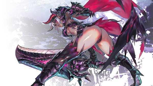 Anime picture 2560x1440 with monster hunter aoin single looking at viewer highres short hair breasts light erotic red eyes wide image large breasts standing holding silver hair ass parted lips looking back horn (horns) wind inscription
