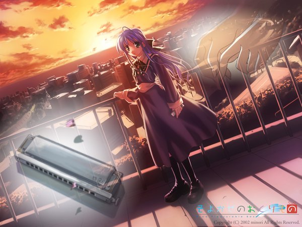 Anime picture 1280x960 with single long hair looking at viewer standing purple hair wind girl hands harmonica