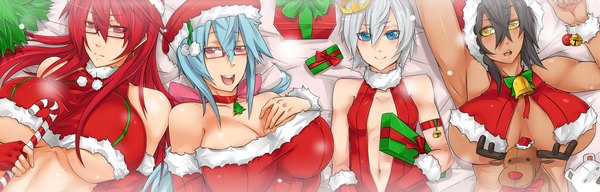 Anime picture 2809x900 with original exaxuxer long hair blush highres short hair breasts open mouth blue eyes light erotic black hair smile red eyes wide image multiple girls yellow eyes blue hair silver hair red hair huge breasts